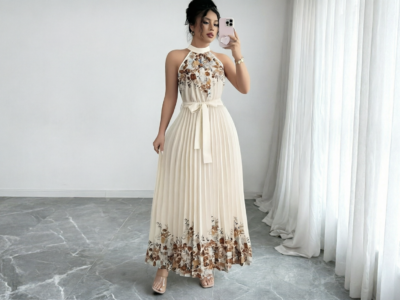 Vestido Maxi Plissado Off-White Estampa Floral
