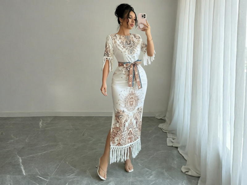 Vestido Midi Estampado Paisley com Detalhes