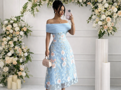 Vestido de Festa Azul Serenity com Bordados Florais