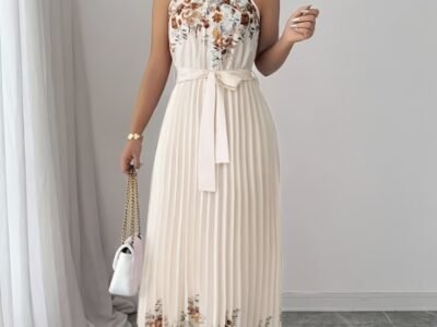 Vestido Maxi Plissado Off-White Estampa Floral