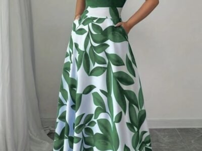Vestido Maxi Evasê Verde Botânico com Decote