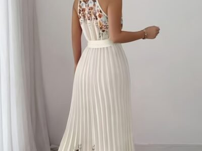 Vestido Maxi Plissado Off-White Estampa Floral