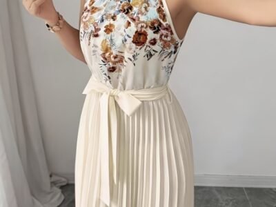 Vestido Maxi Plissado Off-White Estampa Floral
