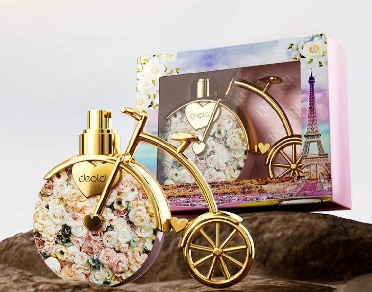 Perfume Floral de 25ml com Frasco de Bicicleta Dourada