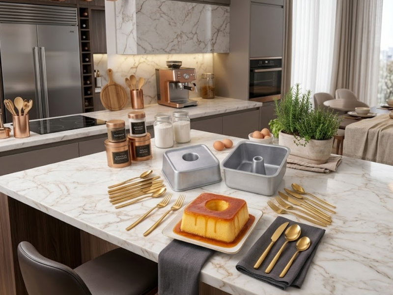Kit Faqueiro Inox Dourado 24Pçs + Forma Pudim Quadrada