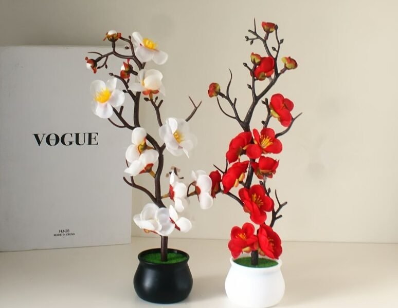 Planta Artificial Bonsai Flor de Pêssego com Vaso