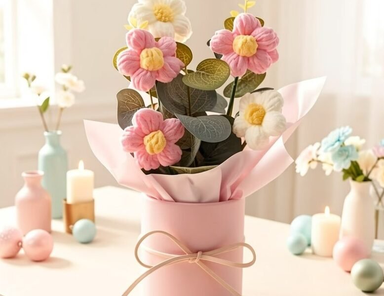 Mini Buquê Flores Artesanais de Tricô Crochê