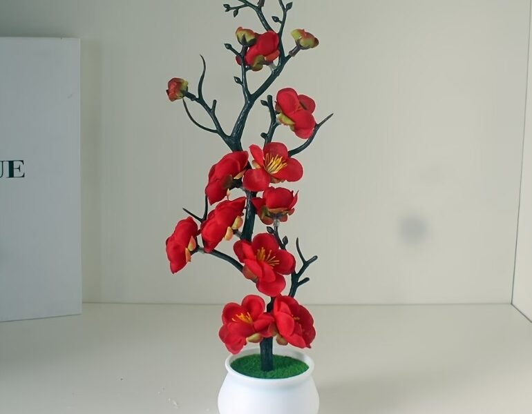Planta Artificial Bonsai Flor de Pêssego com Vaso