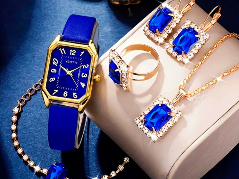 Conjunto Relógio Feminino Bracelete Anel e Brinco - Azul