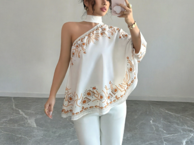 Blusa de Luxo Um Ombro Só com Manga Morcego