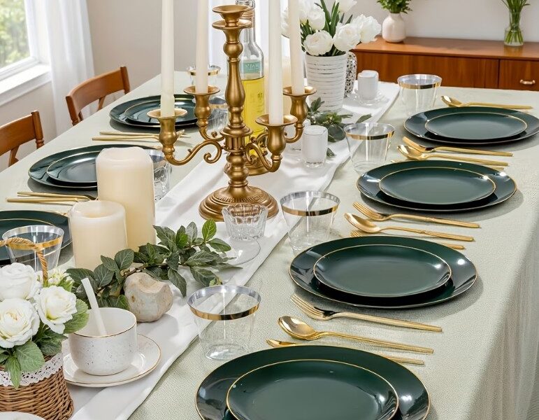 Conjunto de Jantar Premium Verde Esmeralda e Dourado – Elegância para Grandes Celebrações