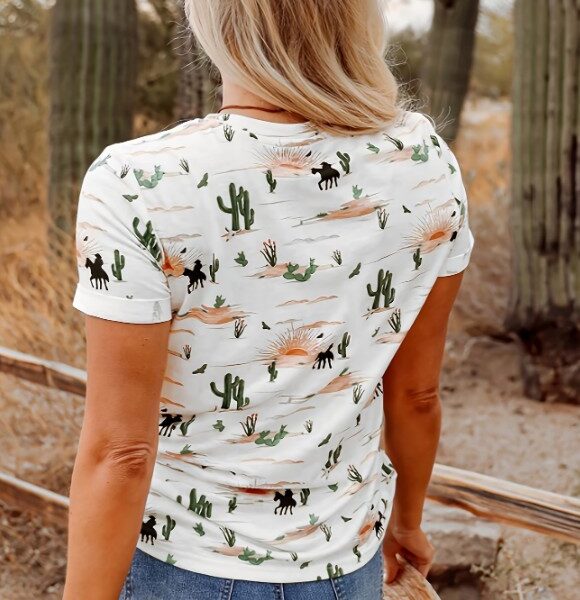 T-shirt Feminina Estampa Deserto – Camiseta Casual Western com Gola Redonda