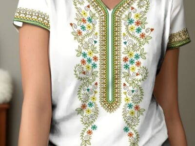 Blusa Feminina Estilo Étnico com Decote V – Detalhes Arabescos e Manga Curta