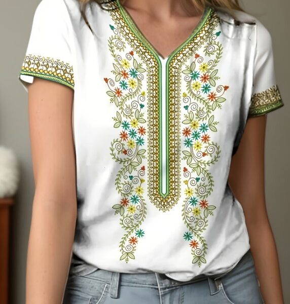 Blusa Feminina Estilo Étnico com Decote V – Detalhes Arabescos e Manga Curta