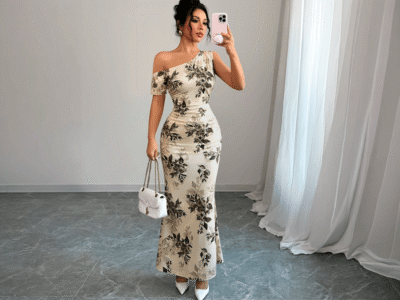 Aluguel Vestido Floral Assimétrico com Barra Sereia e Babados