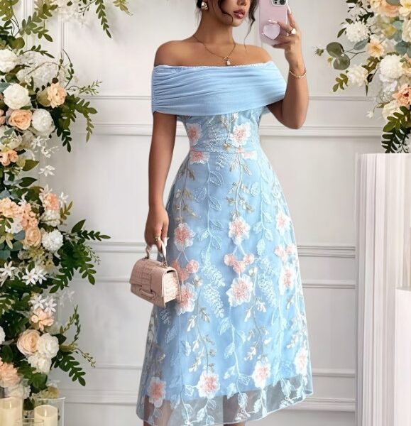 Aluguel de Vestido Midi Azul Floral – Romantismo em Cada Ponto
