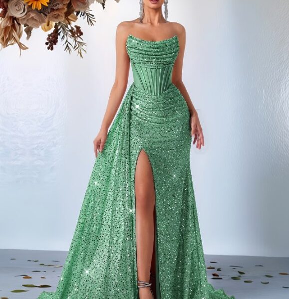 Aluguel de Vestido Sereia Verde Cintilante com Corpete Bustier
