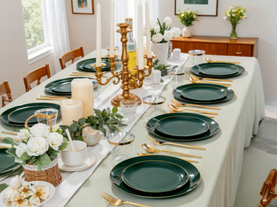Aluguel Conjunto de Pratos Verde Esmeralda com Borda Dourada