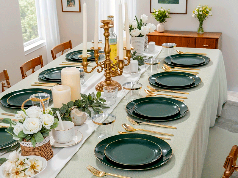 Aluguel Conjunto de Pratos Verde Esmeralda com Borda Dourada