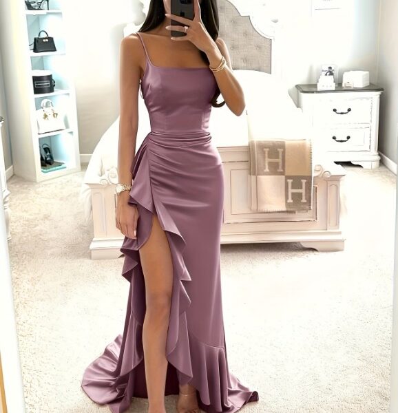 Aluguel Vestido de Cetim Marsala com Cascata de Babados