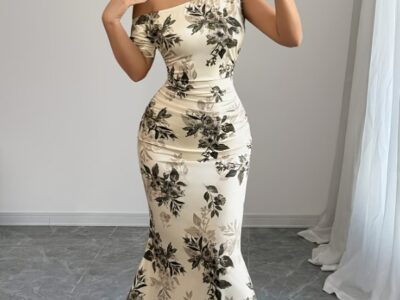 Aluguel Vestido Floral Assimétrico com Barra Sereia e Babados