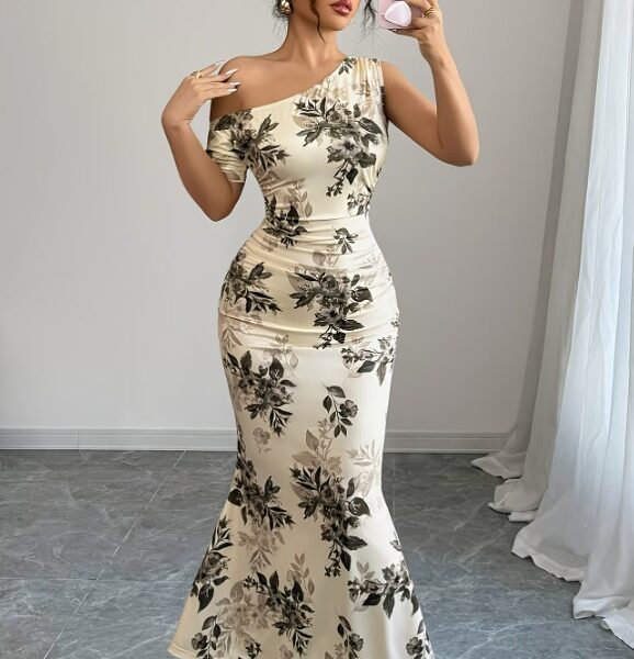 Aluguel Vestido Floral Assimétrico com Barra Sereia e Babados