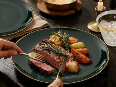 Aluguel Conjunto de Pratos Verde Esmeralda com Borda Dourada