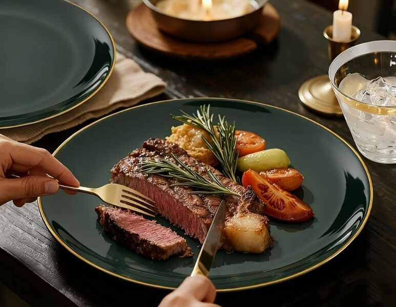 Aluguel Conjunto de Pratos Verde Esmeralda com Borda Dourada