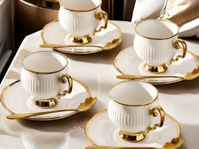 Caneca de Porcelana Vintage – Design Abóbora com Borda Ouro