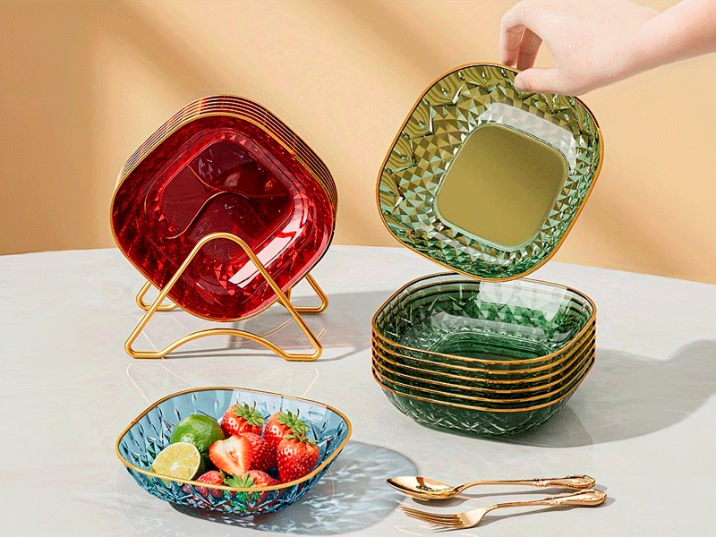 Conjunto de 5 Pratos Quadrados Multicor com Borda Dourada