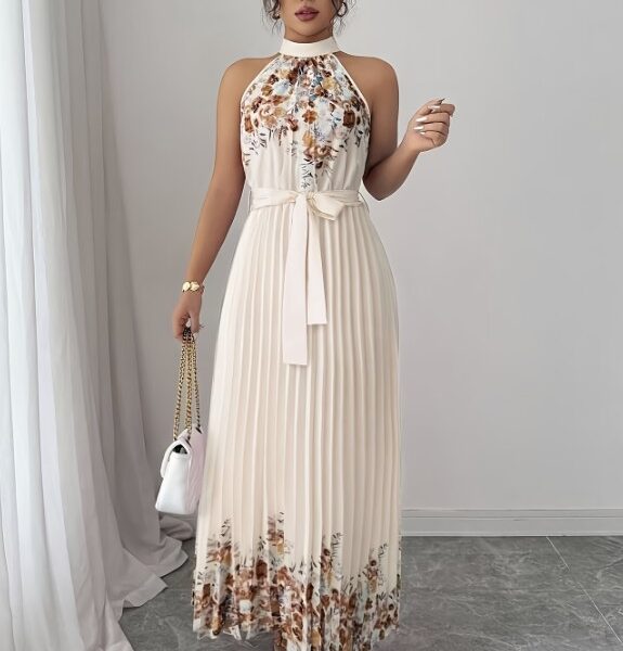 Vestido Maxi Plissado Off-White com Estampa Floral e Gola Halter