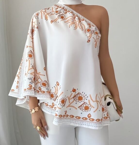Blusa de Luxo Um Ombro Só com Manga Morcego
