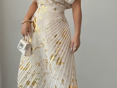 Vestido Assimétrico com Brilho de Folha Dourada