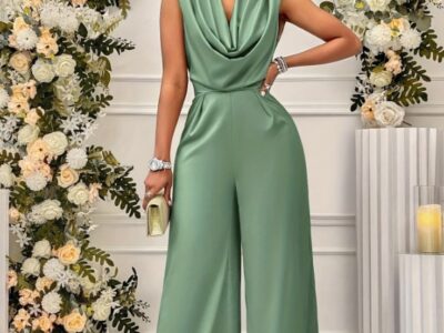 Macacão Sage Green com Gola Alta e Perna Larga