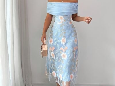 Aluguel de Vestido Midi Azul Floral – Romantismo em Cada Ponto