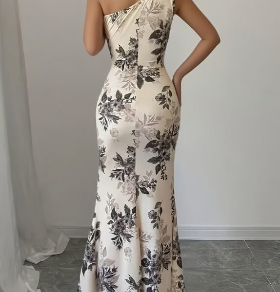 Aluguel Vestido Floral Assimétrico com Barra Sereia e Babados