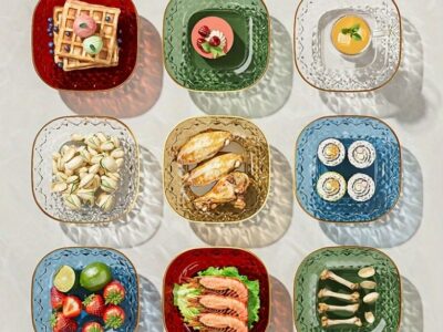 Conjunto de 5 Pratos Quadrados Multicor com Borda Dourada