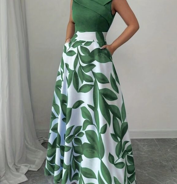Vestido Maxi Evasê Verde Botânico com Decote Transpassado e Bolsos