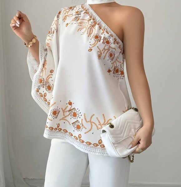 Blusa de Luxo Um Ombro Só com Manga Morcego