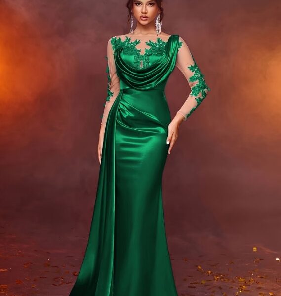 Aluguel de Vestido Sereia Verde Esmeralda com Renda e Cauda