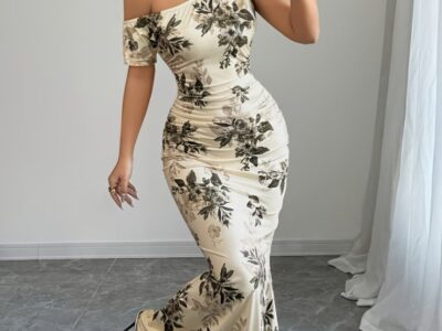 Aluguel Vestido Floral Assimétrico com Barra Sereia e Babados