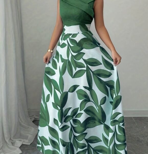 Vestido Maxi Evasê Verde Botânico com Decote Transpassado e Bolsos