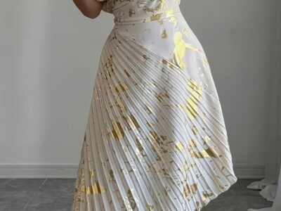 Vestido Assimétrico com Brilho de Folha Dourada
