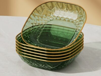 Conjunto de 5 Pratos Quadrados Multicor com Borda Dourada