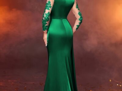 Aluguel de Vestido Sereia Verde Esmeralda com Renda e Cauda