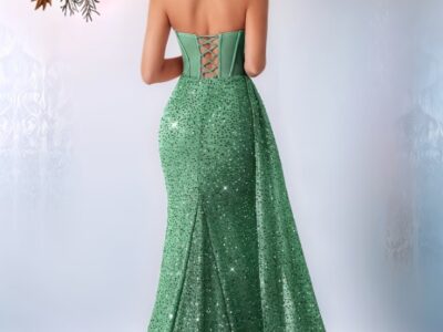 Aluguel de Vestido Sereia Verde Cintilante com Corpete Bustier