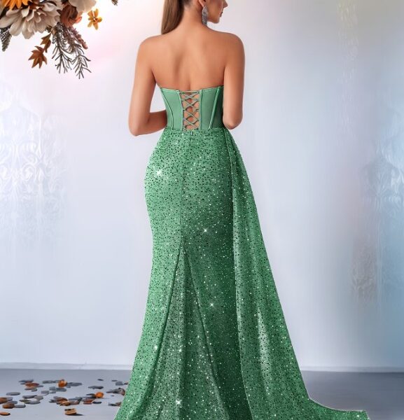 Aluguel de Vestido Sereia Verde Cintilante com Corpete Bustier