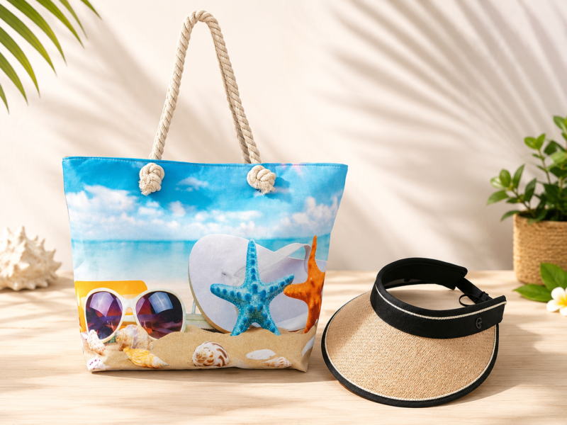 Combo Sol & Mar – Viseira + Bolsa Tropical