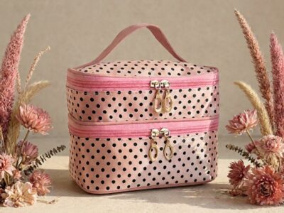 Organizador de Beleza Premium - Bolsa Dupla com Bolinhas Rosas