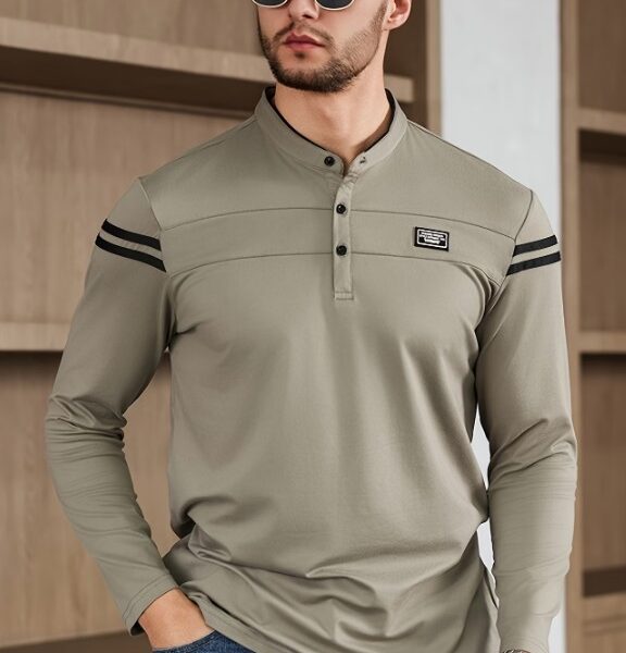 Polo de Manga Comprida Masculino – Gola Alta com Botões